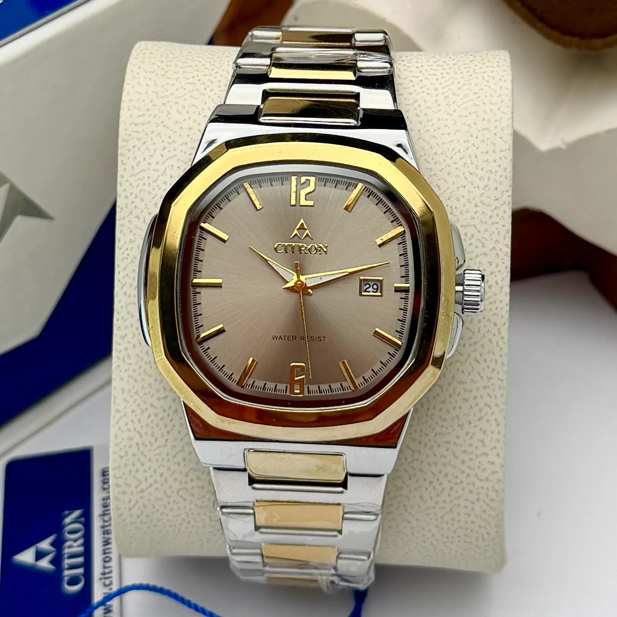 Citron CR-2512 men's octagon chain watch with date in Two-Tone Grey