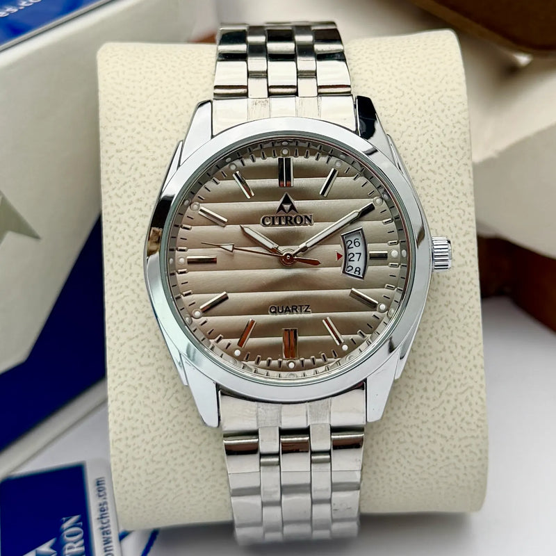 Citron CR-2022 men's textured dial chain watch with date in Silver Grey