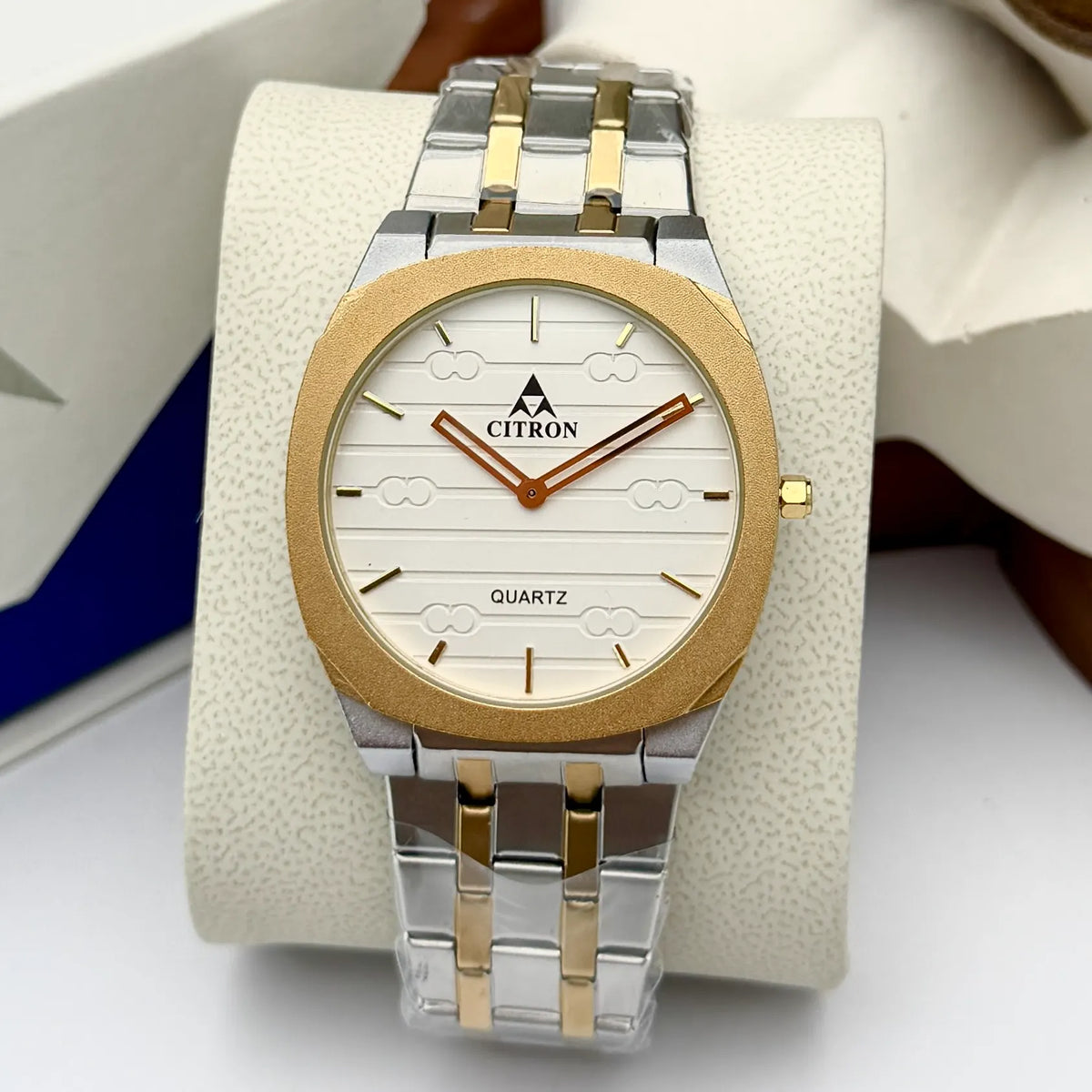 Citron CR-4001 men's square stainless steel chain watch in Two-Tone White
