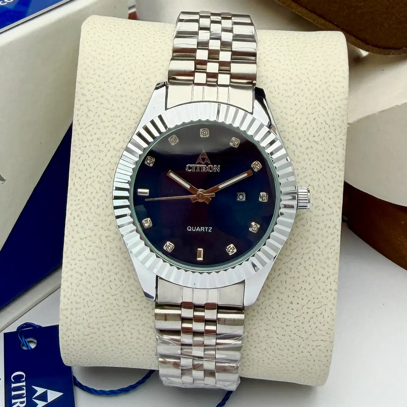 Citron CR-2508L women's fluted bezel chain watch with stone dial in Silver Black