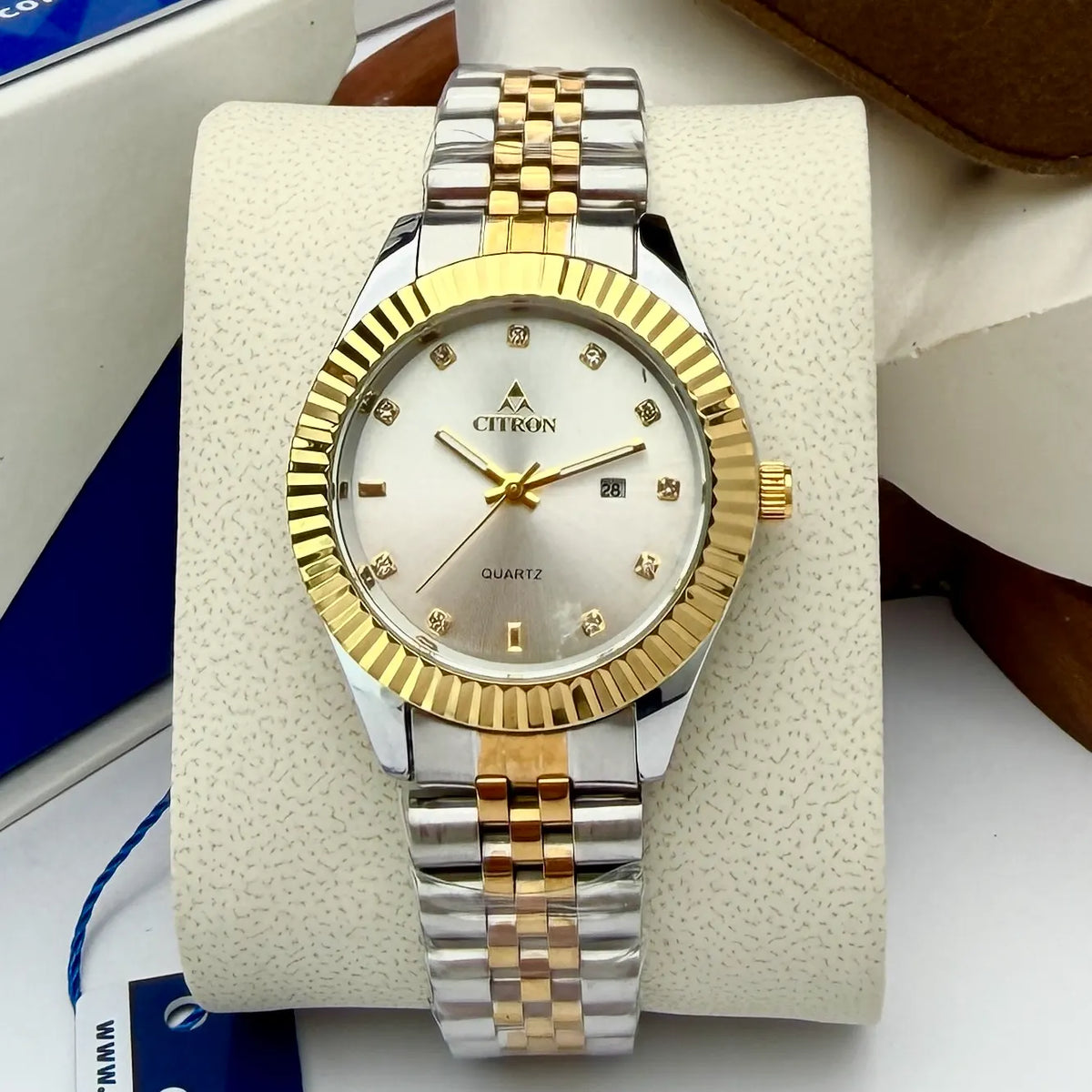 Citron CR-2508L women's fluted bezel chain watch with stone dial in Two-Tone White