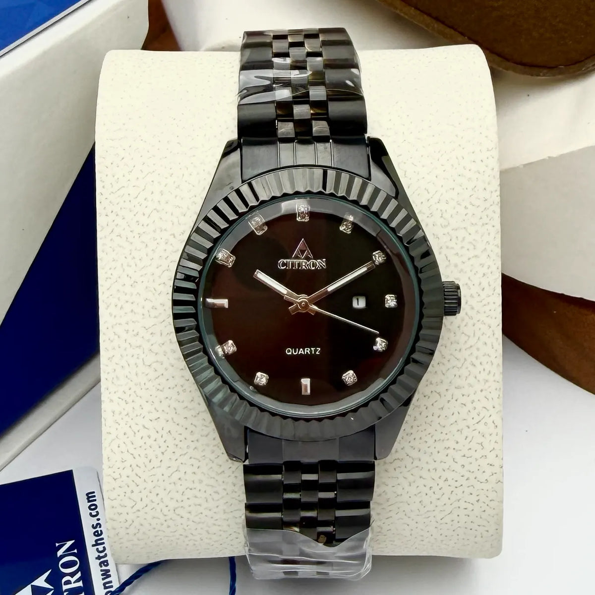 Citron CR-2508L women's fluted bezel chain watch with stone dial in Black