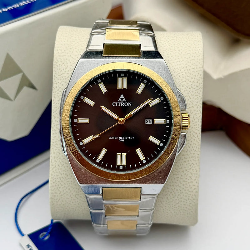 Citron CR-2516 men's bold bezel chain watch with date in Two-Tone Black