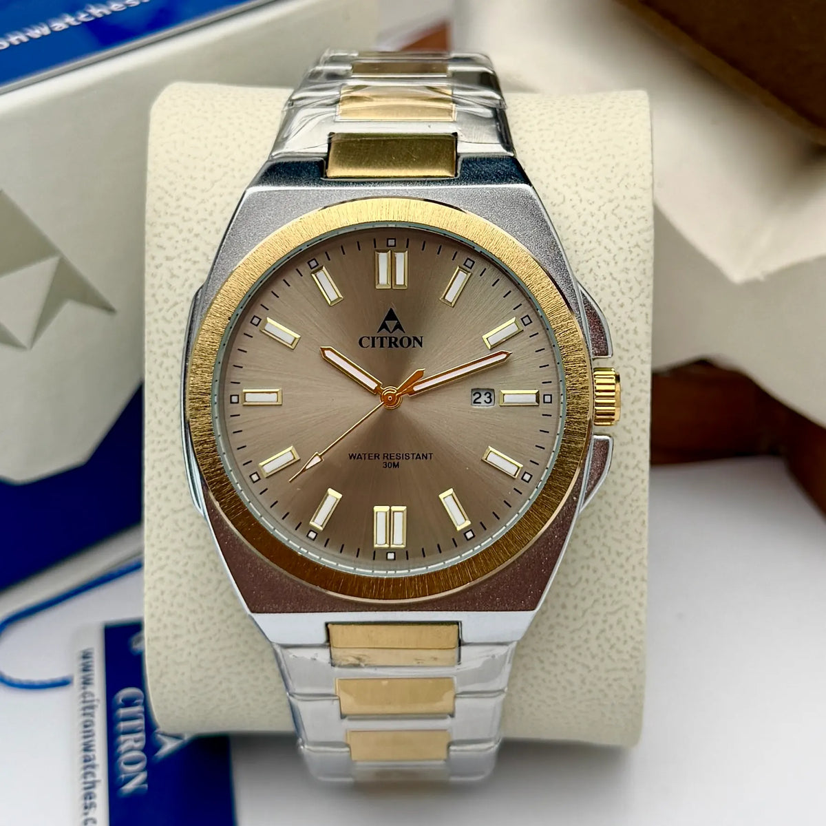 Citron CR-2516 men's bold bezel chain watch with date in Two-Tone Grey