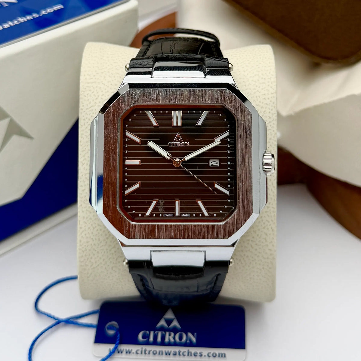 Citron CR-4016 men's octagon leather strap watch with master lock in Black