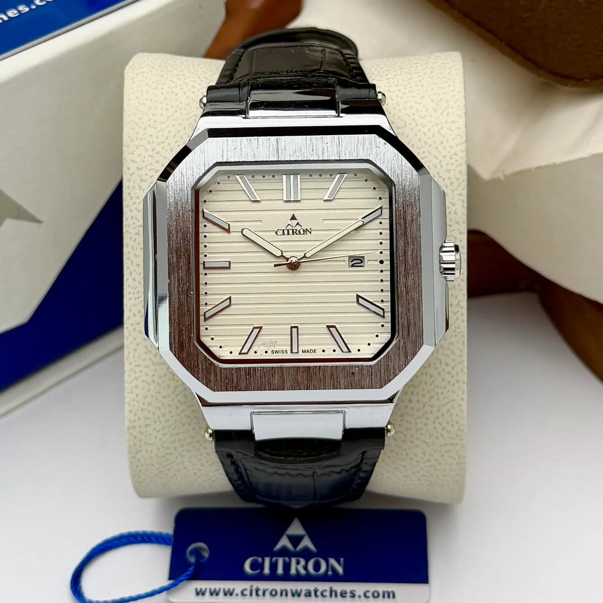 Citron CR-4016 men's octagon leather strap watch with master lock in White