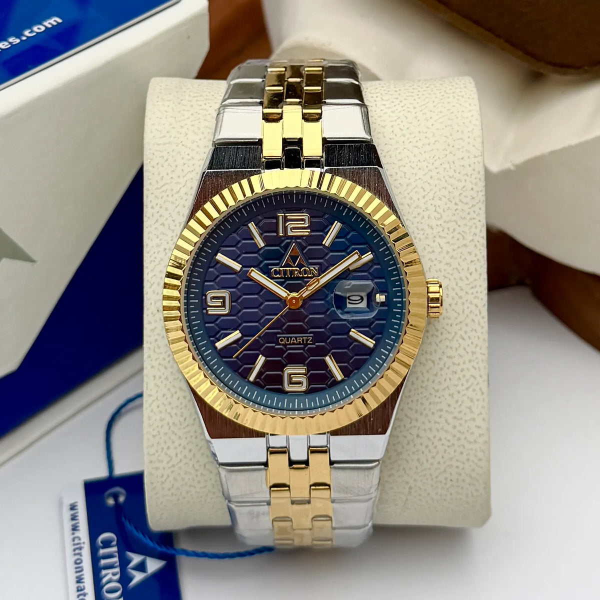 Citron CR-5004 men's honeycomb dial chain watch with date in Two-Tone Blue