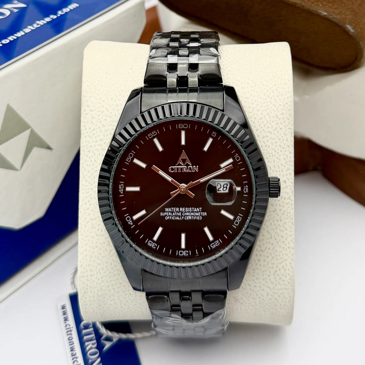 Citron CR-4014 men's fluted bezel chain watch with date in Black