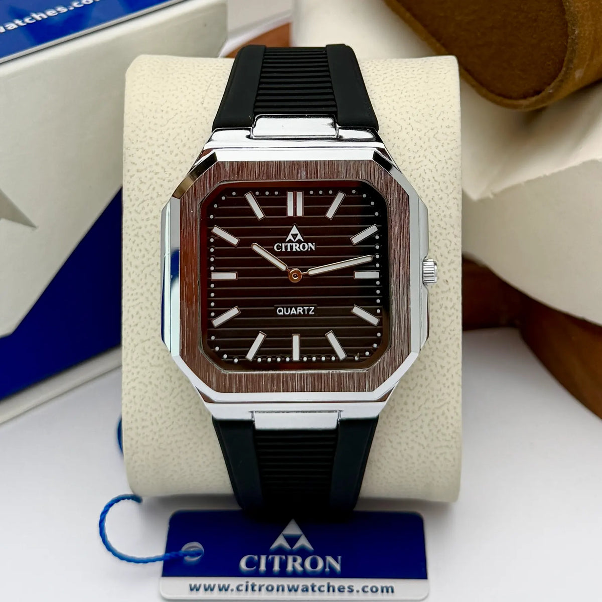 Citron CR-4012 men's square PU strap watch in Silver Black