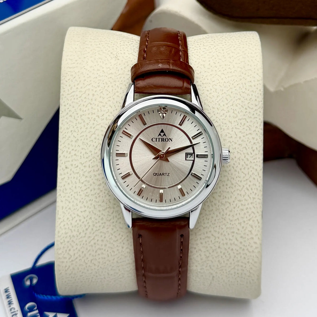 Citron CR-2105L women's classic leather strap watch with date in Brown White