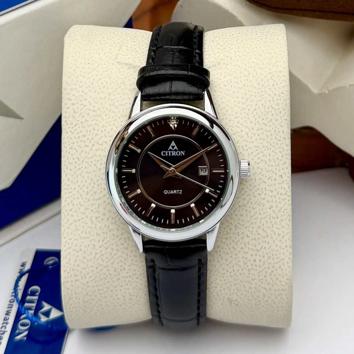 Citron CR-2105L women's classic leather strap watch with date in Silver Black