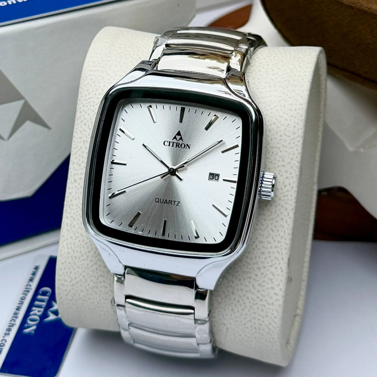 Citron CR-2527 men's square dial chain watch with date in White