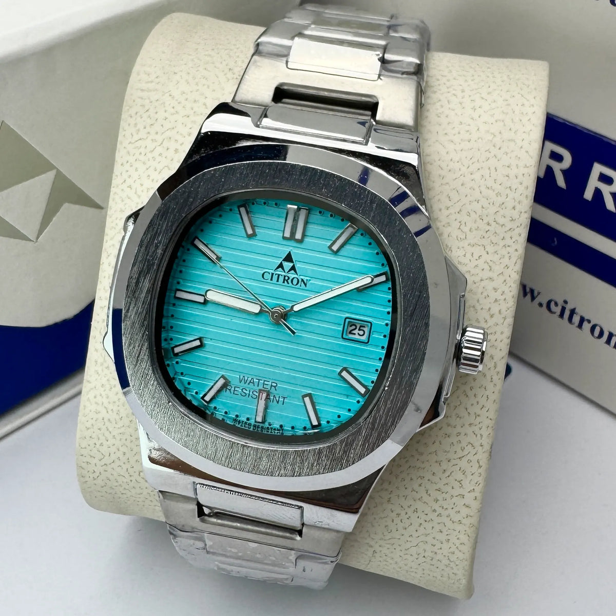 Citron CR-2505 men's octagon chain watch with striped dial in Silver Turquoise