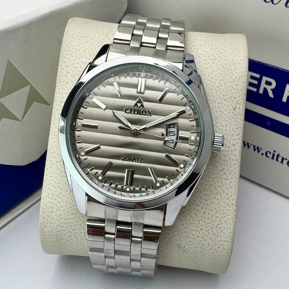 Citron CR-2022 men's textured dial chain watch with date in Silver Grey